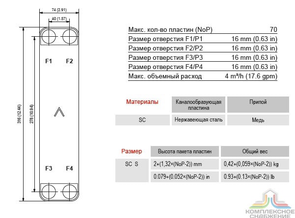 Габаритный чертёж и параметры паяного пластинчатого теплообменника SWEP E8LAS